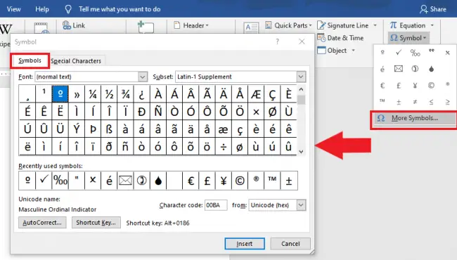 how to add symbols above letters in word